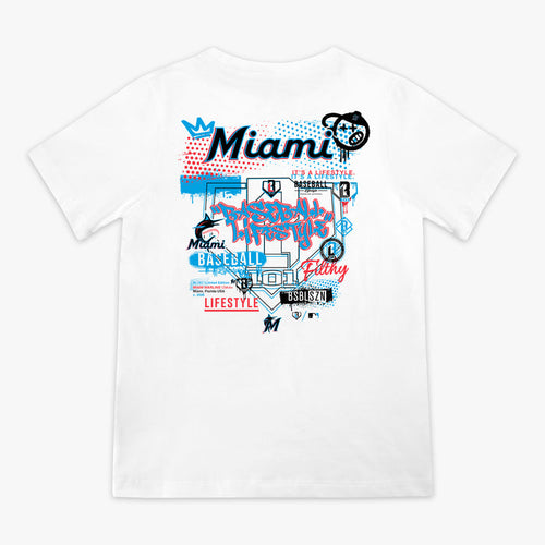 Youth graphic tee with “Miami Marlins Drip” design — back view