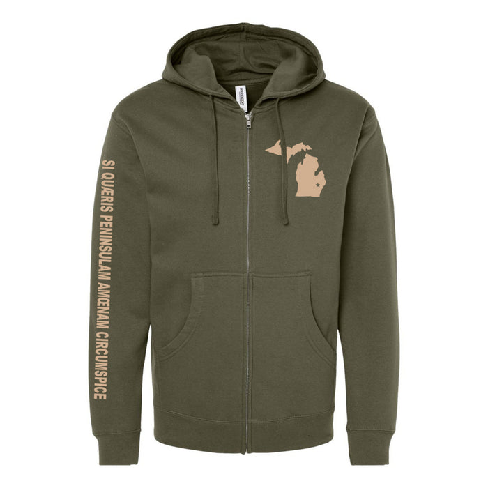 An army green zip-up hoodie has a cream colored image of Michigan on the top left-hand side with the words "si quaeris peninsulam amoenam circumspice" on the right sleeve.