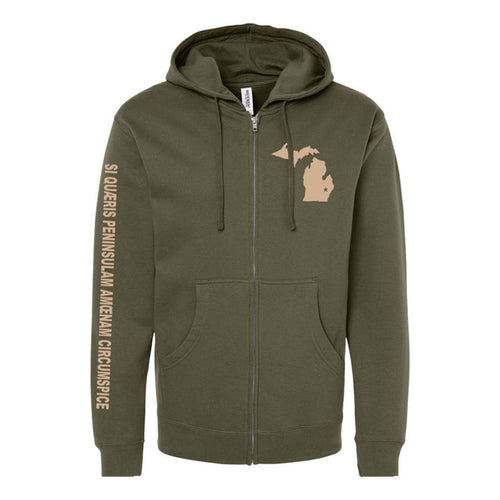 An army green zip-up hoodie has a cream colored image of Michigan on the top left-hand side with the words "si quaeris peninsulam amoenam circumspice" on the right sleeve.