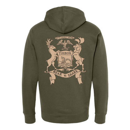 The back of the hoodie has an emblem of a deer and moose on either side of each other, holding a "tuebor" plaque with a ribbon under it that says "bear vs shark".