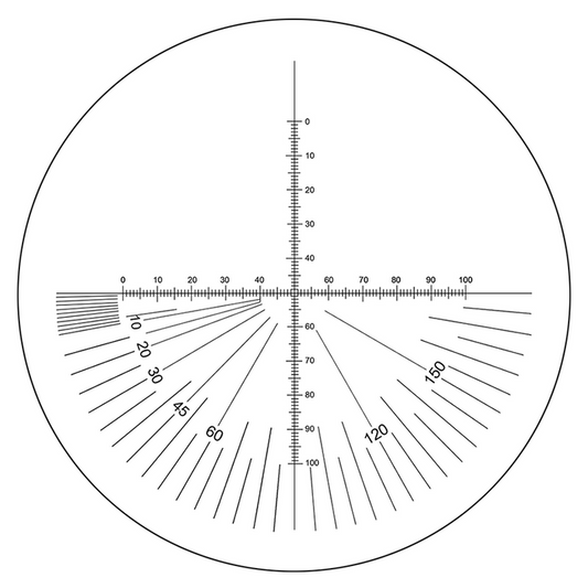 Microscope Eyepiece Reticle Cross Line Micrometer Ruler, 180° Angle, Dual Axis Crosshair Scale Dia. 27mm, 10mm/100 Div., SKU RT20121191, three quarter front view