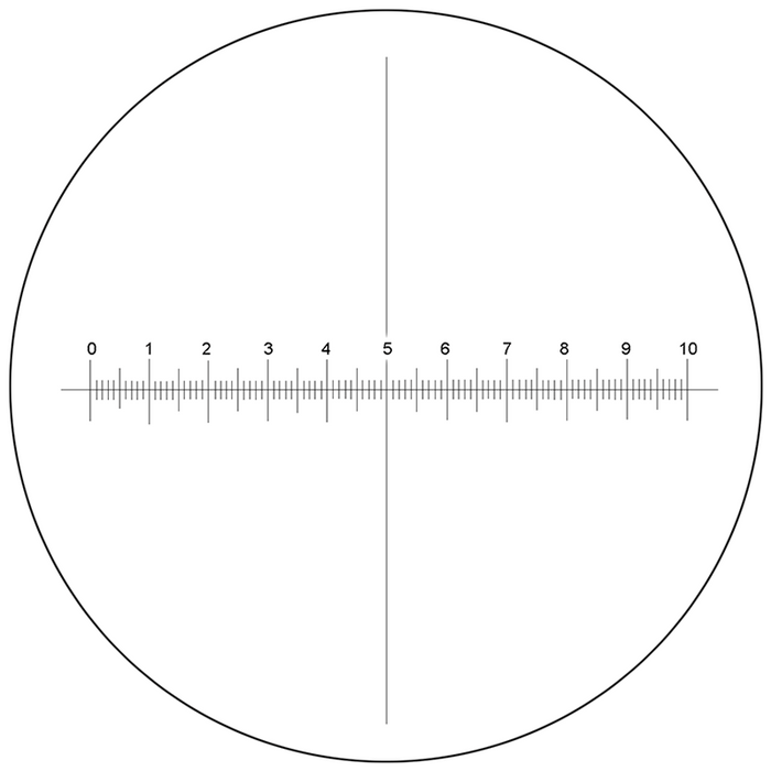 Microscope Eyepiece Reticle Cross Line Micrometer Ruler, X-Axis Crosshair Scale Dia. 27mm, 10mm/100 Div., SKU RT20103193, three quarter front view