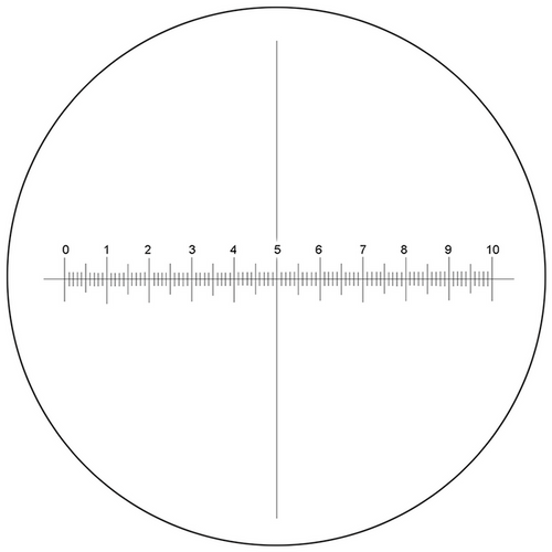 Microscope Eyepiece Reticle Cross Line Micrometer Ruler, X-Axis Crosshair Scale Dia. 27mm, 10mm/100 Div., SKU RT20103193, three quarter front view
