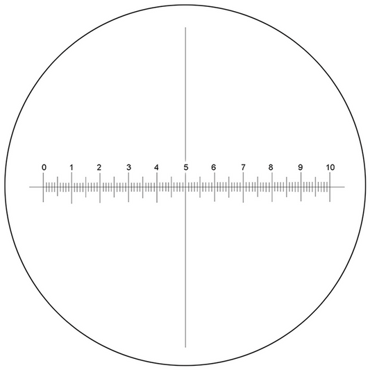 Microscope Eyepiece Reticle Cross Line Micrometer Ruler, X-Axis Crosshair Scale Dia. 27mm, 10mm/100 Div., SKU RT20103193, three quarter front view