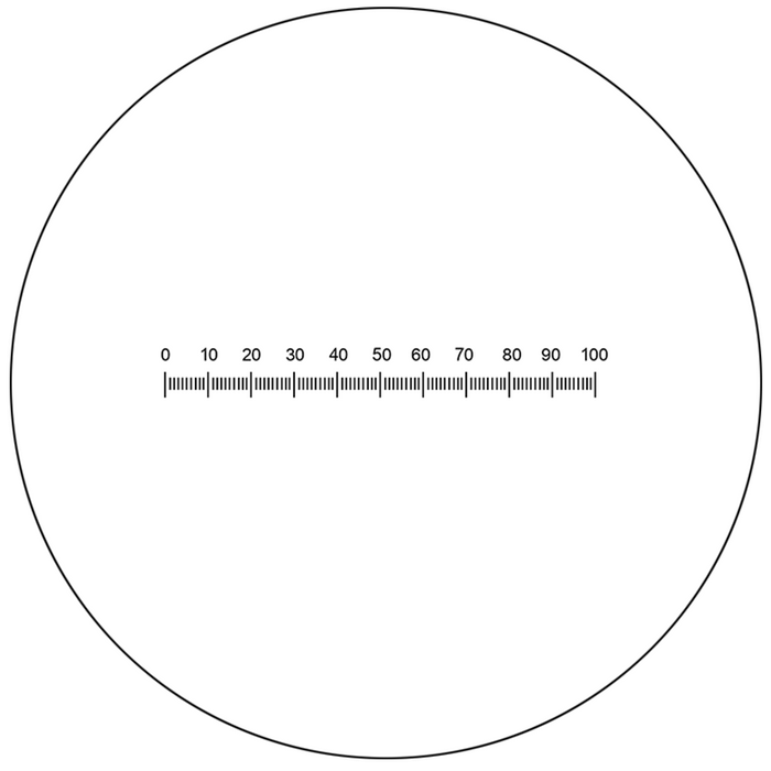 Microscope Eyepiece Reticle Linear Scale Micrometer Ruler Dia. 27mm, 5mm/100 Div., SKU RT20101191, three quarter front view