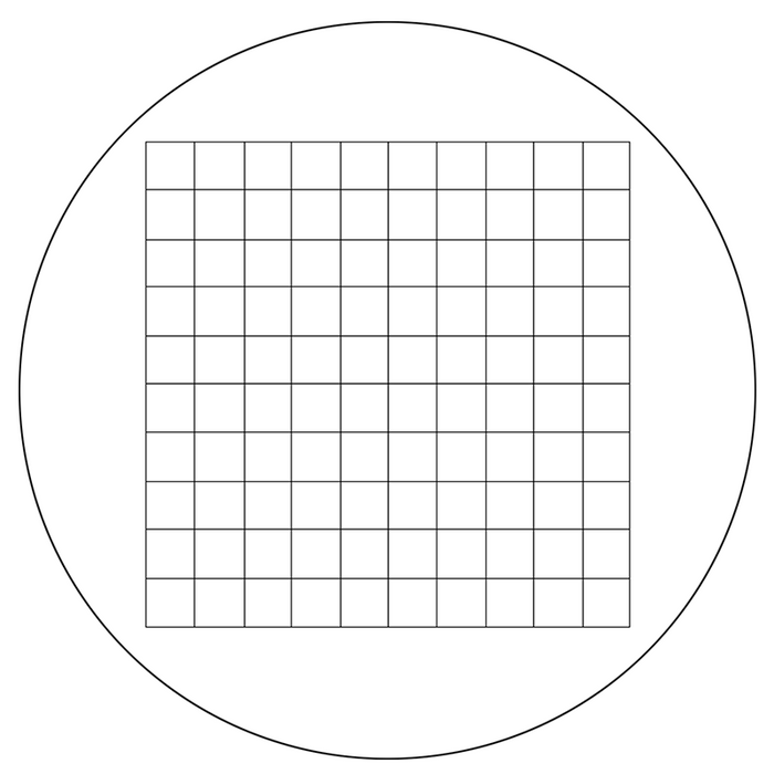 Microscope Eyepiece Reticle Net Grid Micrometer 10x10mm, 100 Squares, Dia. 27mm 1.5mm, SKU RT20105191, three quarter front view