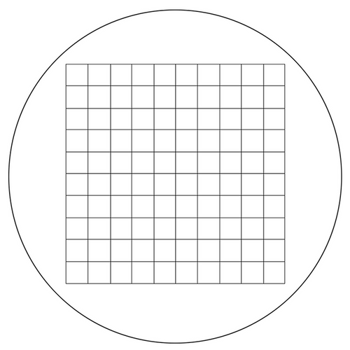 Microscope Eyepiece Reticle Net Grid Micrometer 10x10mm, 100 Squares, Dia. 27mm 1.5mm, SKU RT20105191, three quarter front view