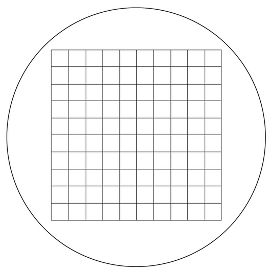Microscope Eyepiece Reticle Net Grid Micrometer 10x10mm, 100 Squares, Dia. 27mm 1.5mm, SKU RT20105191, three quarter front view