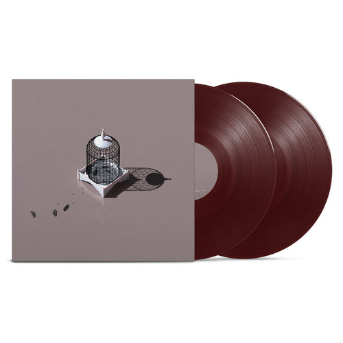 Two blood red vinyls peek out of a light pink cover with an empty bird cage in the middle. A couple feathers are left behind on the floor.