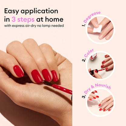 A hand applies Manucurist Lava, a pop red nail polish with warm orange undertones. For easy at-home use: degrease nails, apply Lava, let air-dry—no lamp needed. Get a salon-worthy finish and nourished nails in minutes.