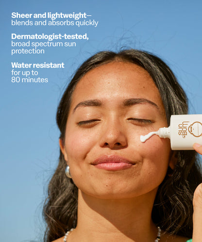 Woman applying sunscreen to her face with a clear blue sky background. Sheer and lightweight-blends and absorbs quickly
Dermatologist-tested, broad spectrum sun protection
Water resistant for up to
80 minutes