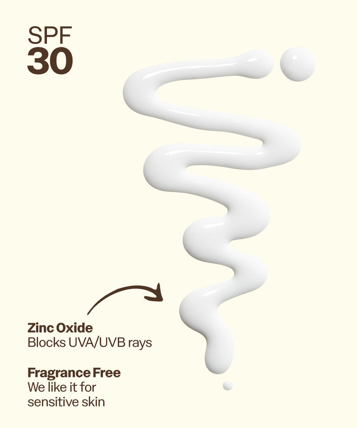 Spiral of white cream with SPF 30 text and zinc oxide benefits on a beige background. Zinc Oxide
Blocks UVA/UVB rays
Fragrance Free
We like it for sensitive skin