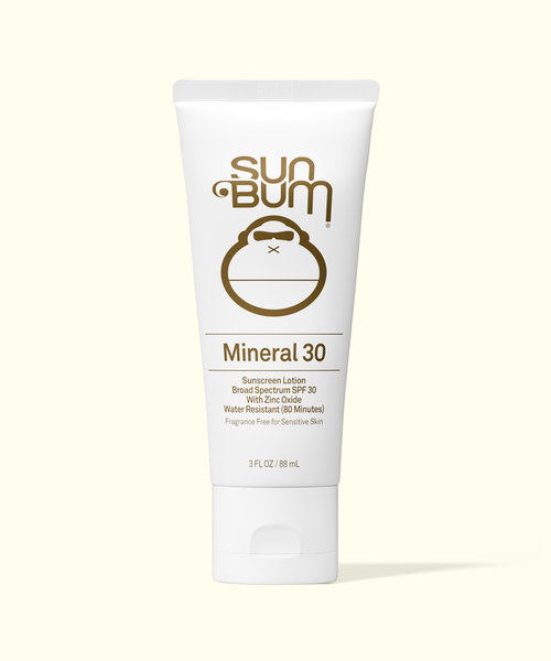 Sun Bum Mineral 30 sunscreen lotion tube on a white background