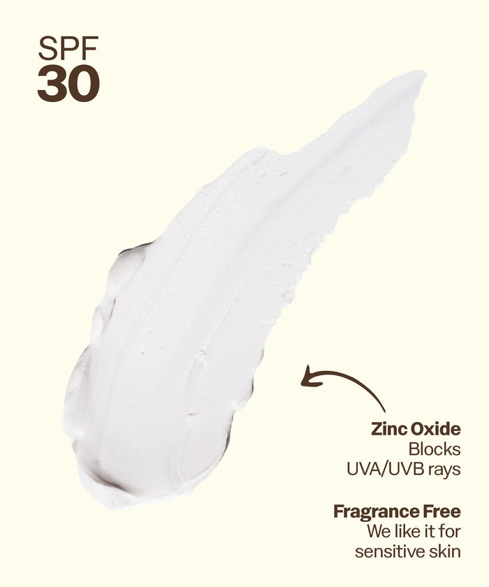 Spf 30 sunscreen with zinc oxide, labeled as fragrance-free for sensitive skin.