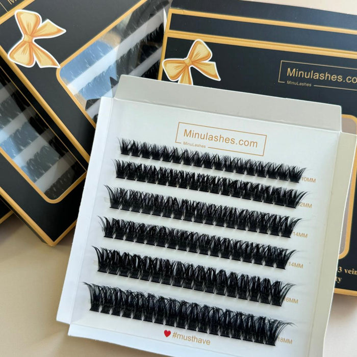 MinuLashes DIY Lash Clusters - Volume 0.03 Vein - 102 Pieces (10mm, 12mm, 14mm, 16mm, 18mm) + brush