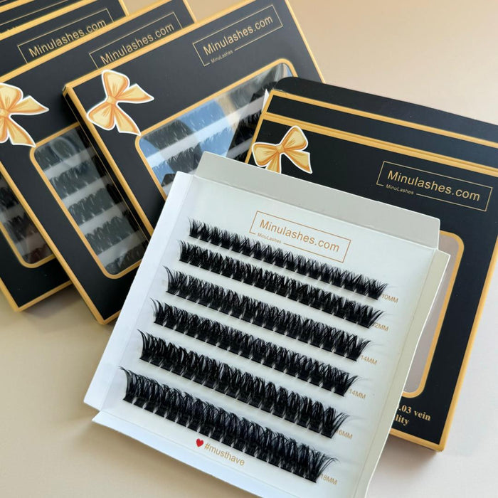 MinuLashes DIY Lash Clusters - Volume 0.03 Vein - 102 Pieces (10mm, 12mm, 14mm, 16mm, 18mm) + brush