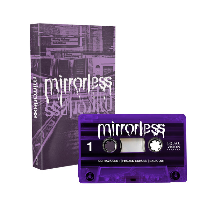 A purple MIRRORLESS cassette tape marked 1 with UltravioleNt, Frozen Echoes, and Back Out comes in a matching case labeled MIRRORLESS in white distorted text, featuring a purple-toned photo like a mirrorless camera shot.