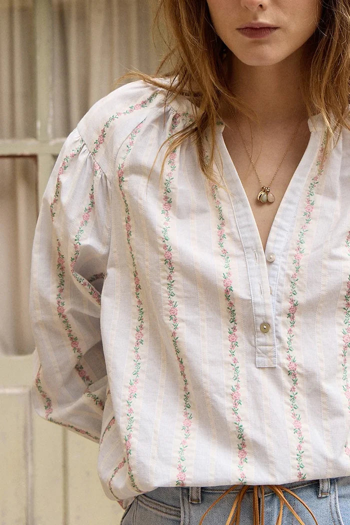 Molly Bracken Blue Striped Floral Blouse