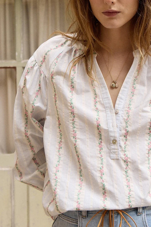 Molly Bracken Blue Striped Floral Blouse