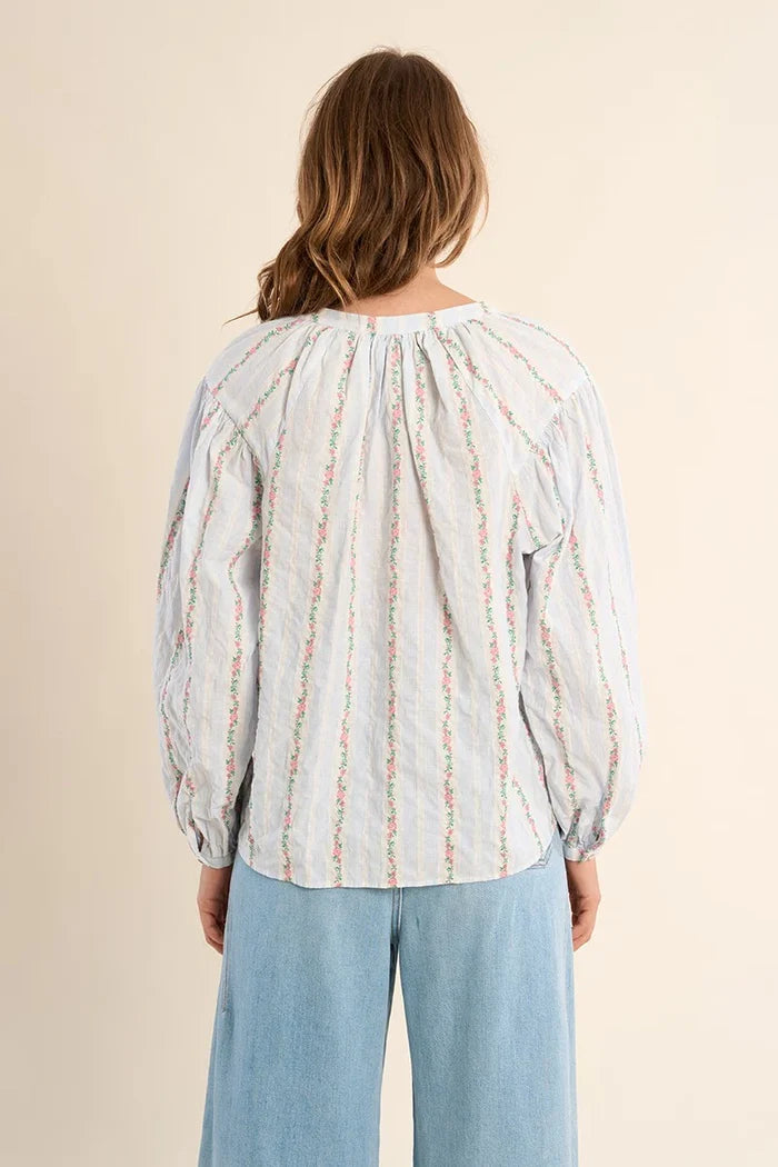 Molly Bracken Blue Striped Floral Blouse