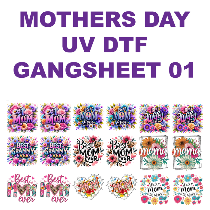 Collection of colorful Mother's Day-themed designs 'MOTHERS DAY UV DTF GANGSHEET'.