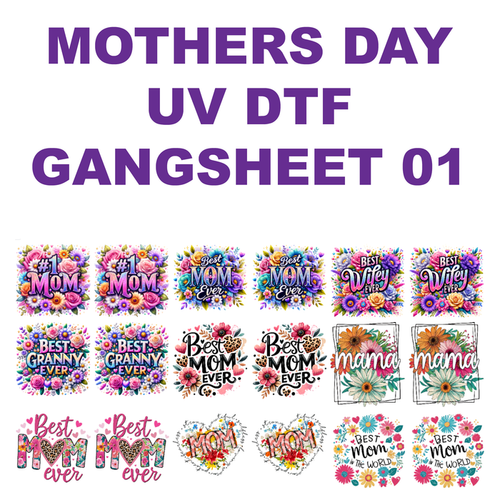 Collection of colorful Mother's Day-themed designs 'MOTHERS DAY UV DTF GANGSHEET'.
