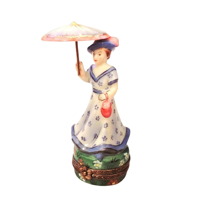 Blue Monet Woman Parasol Box Porcelain Limoges LIMOGES BOXES art women fashion hat dress French Trinket Box