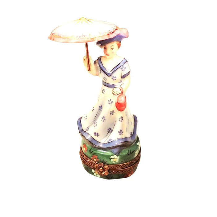 Blue Monet Woman Parasol Box Porcelain Limoges LIMOGES BOXES art women fashion hat dress French Trinket Box