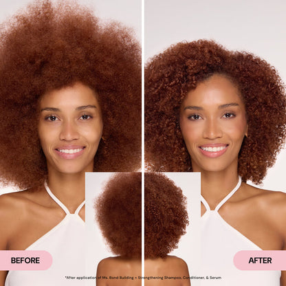 "Side-by-side comparison of a woman with voluminous, textured hair before and after using hair care products, showcasing smoother, more defined curls with enhanced shine."