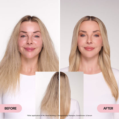 Side-by-side comparison shows a visible transformation of hair texture and appearance. On the left, hair appears frizzy and dry, while on the right, it looks smooth, shiny, and well-conditioned. A smaller image inset highlights the back view improvements.