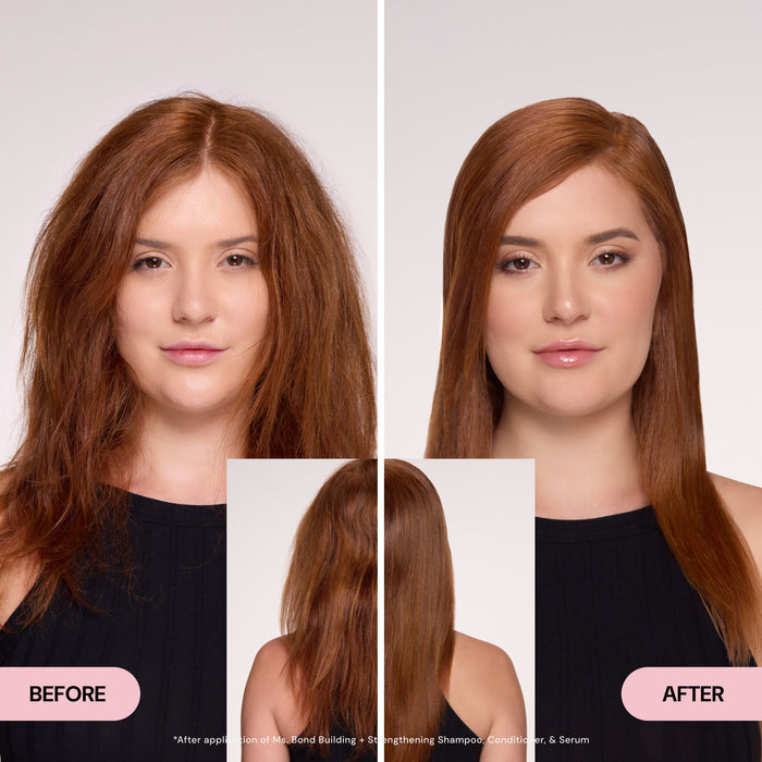 Before and after comparison showing the transformation of hair texture. The left side displays frizzy, voluminous hair, while the right side features smooth, straightened hair. Insets show a back view, highlighting the striking difference after using a specific treatment.