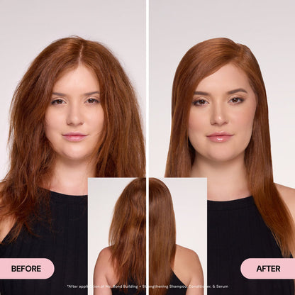 Before and after comparison showing the transformation of hair texture. The left side displays frizzy, voluminous hair, while the right side features smooth, straightened hair. Insets show a back view, highlighting the striking difference after using a specific treatment.