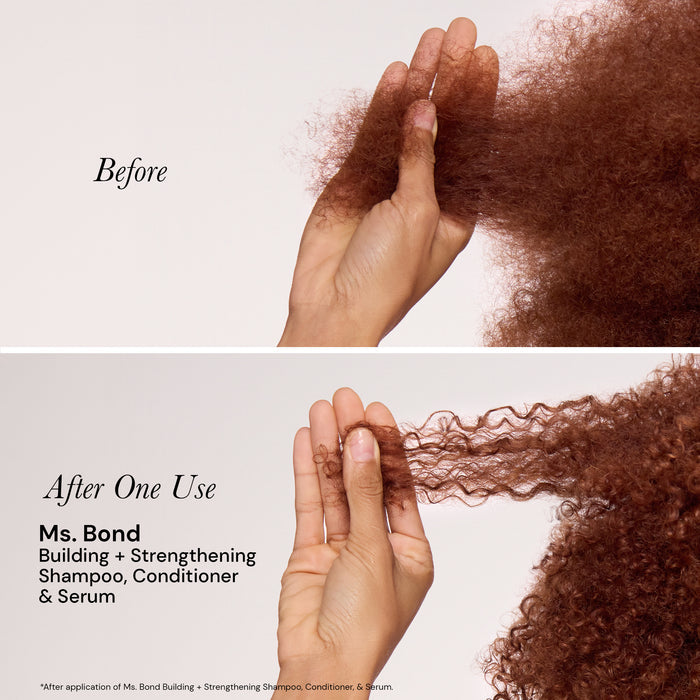 The top picture shows frizzy, heat-damaged hair. The bottom image shows softer, repaired hair after using Ms. Bond System.