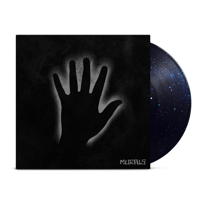 A Murals Midnight Blue Sparkle Vinyl LP slides from a black cover with a white hand silhouette. Its starry night-sky design and Murals text at the bottom right make it a standout for your album presale collection.