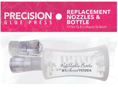 My Sweet Petunia - Nuvo Deluxe Precision Nozzles - Replacement Nozzle and Bottle. This package includes 1 empty Nuvo Deluxe Bottle and 2 Precision Nozzles. Available at Embellish Away located in Bowmanville Ontario Canada.