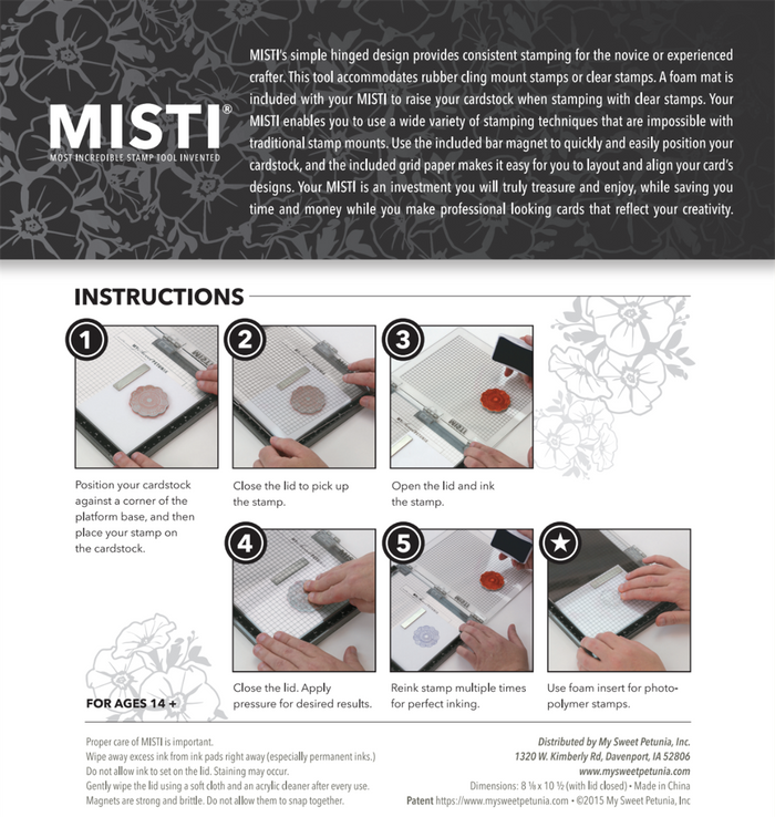 My Sweet Petunia - Original MISTI Laser Etched - Black. his is the Most Incredible Stamp Tool Invented. MISTI's simple hinge design provides consistent stamping for the novice or experienced crafter. Available at Embellish Away located in Bowmanville Ontario Canada.
