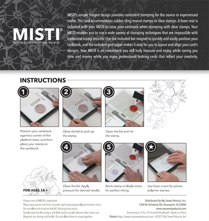 My Sweet Petunia - Original MISTI Laser Etched - Black. his is the Most Incredible Stamp Tool Invented. MISTI's simple hinge design provides consistent stamping for the novice or experienced crafter. Available at Embellish Away located in Bowmanville Ontario Canada.
