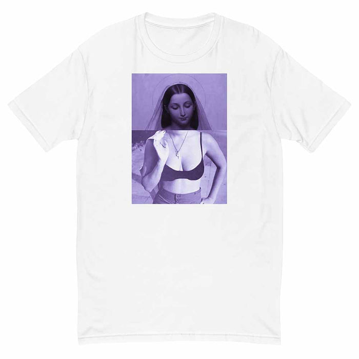 White t-shirt with a graphic of Mary in a sports bra on a purple background.