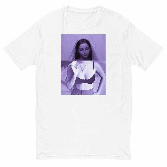 White t-shirt with a graphic of Mary in a sports bra on a purple background.