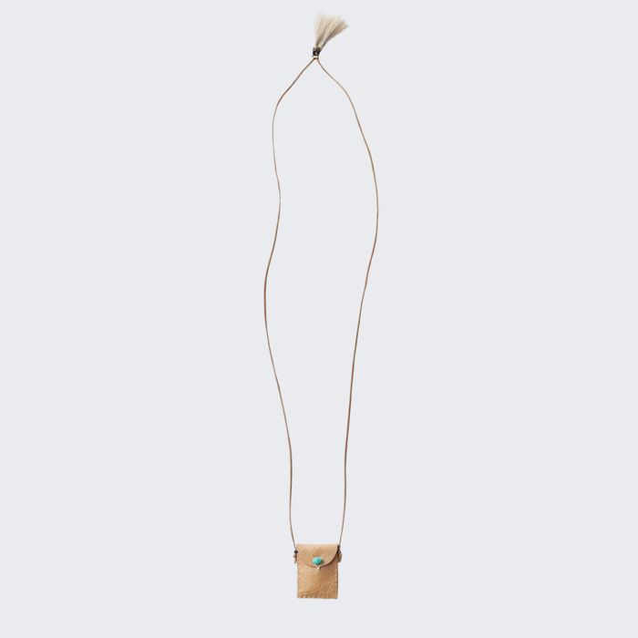 Tan leather amulet pouch on long cord with small tassel detail