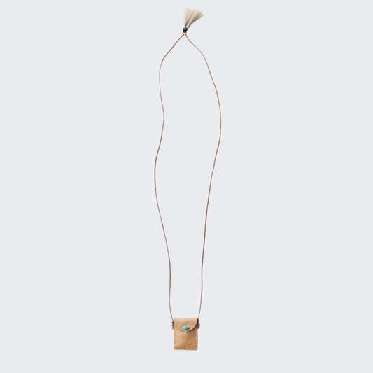 Tan leather amulet pouch on long cord with small tassel detail