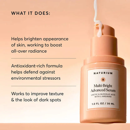 Naturium Multi-Bright Advanced Serum in 30ml bottle, featuring a sleek design and clear labeling, ideal for brightening skincare.