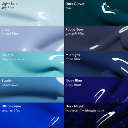 A grid of ten glossy nail polish swatches, each labeled with a color name: Light Blue, Lilas, Riviera, Saphir, Ultramarine, Green Flash gel polish, Poppy Seed, Midnight, Manucurist's Navy Blue gel polish, and Dark Night.