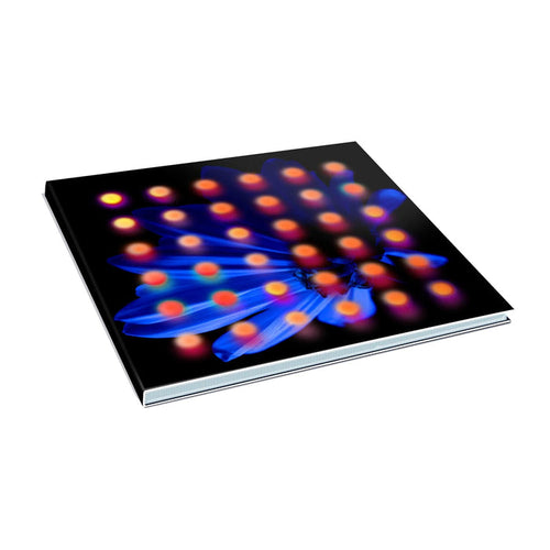 This CD cover has a dark blue flower background. There are orange and pink dots layered over the image of the flower.