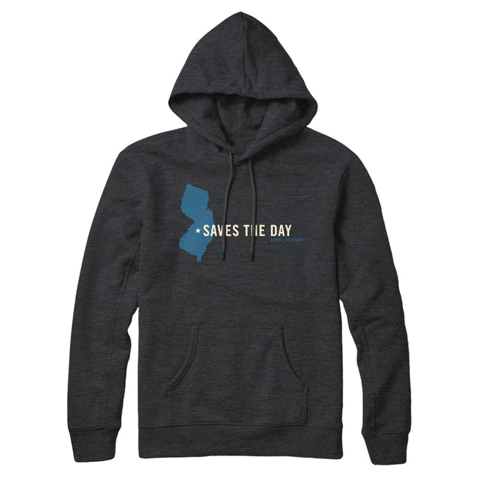 A gray hoodie has the state of New Jersey in blue on the left side with the words "*Saves The Day" in white, with the words "New Jersey" in blue.