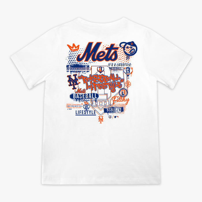 White youth graphic tee with "New York Mets Drip" design — back view