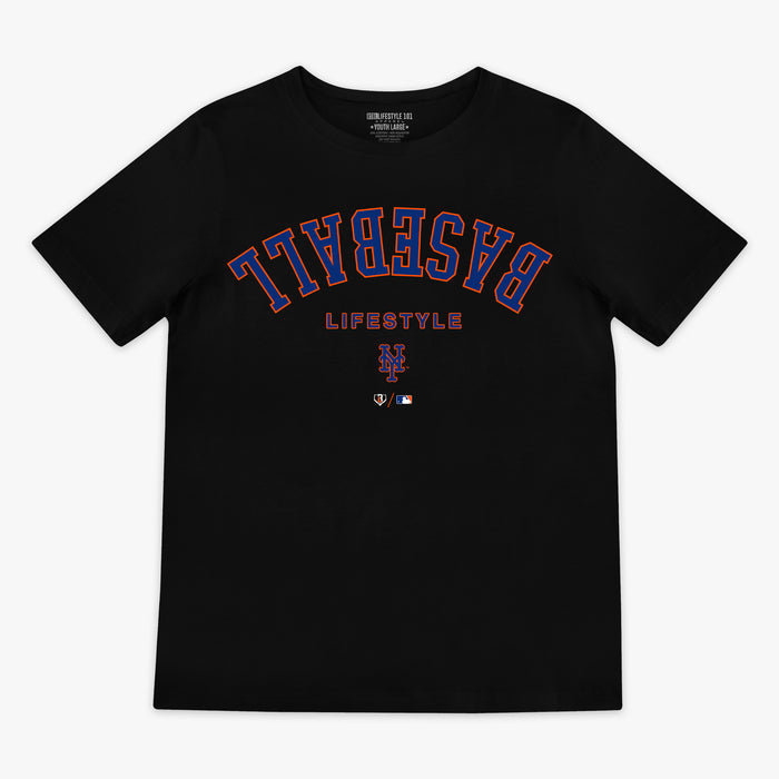 Black youth graphic tee with "New York Mets Upside Down" design — front view