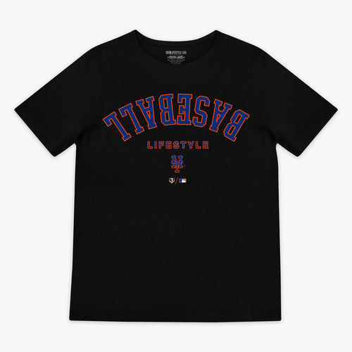 Black youth graphic tee with "New York Mets Upside Down" design — front view