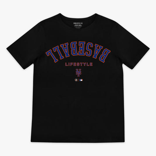 Black youth graphic tee with "New York Mets Upside Down" design — front view