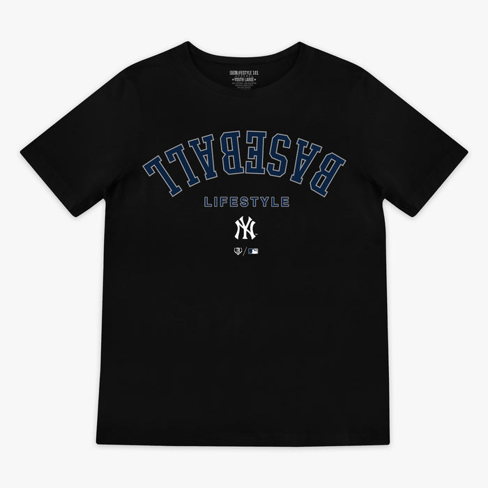 Black youth graphic tee with "New York Yankees Upside Down" design — front view